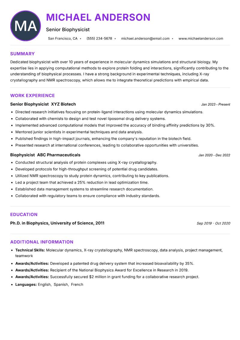 Biophysicist Resume Preview Example