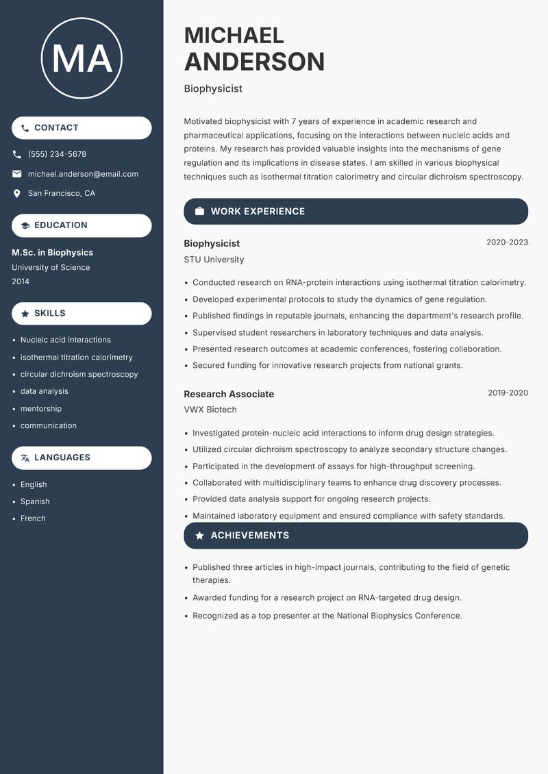 Biophysicist Resume Preview Example