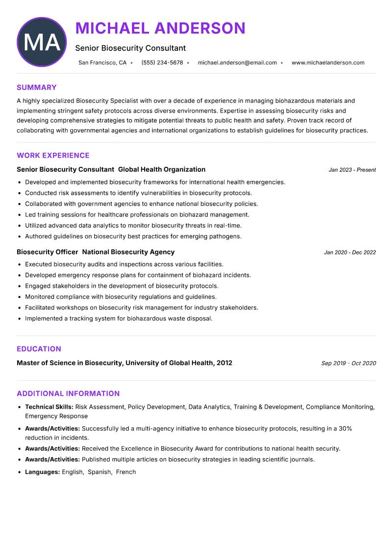 Biosecurity Specialist Resume Preview Example