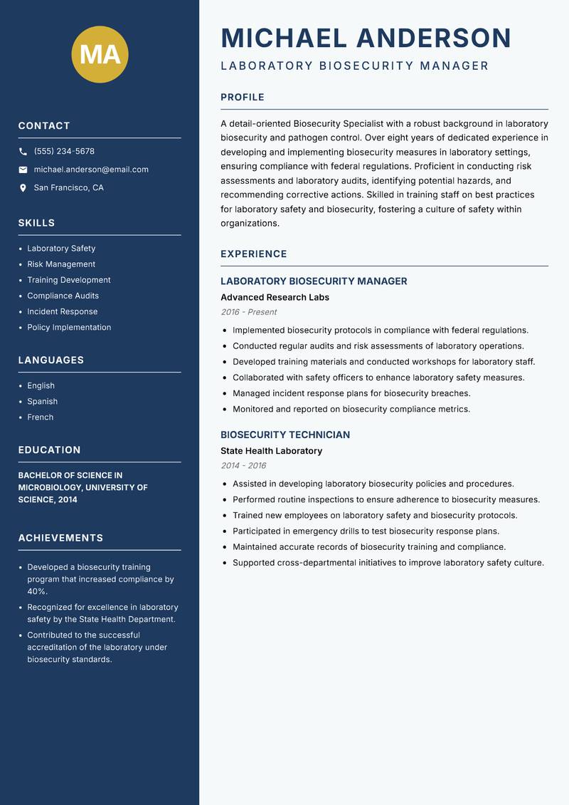 Biosecurity Specialist Resume Preview Example