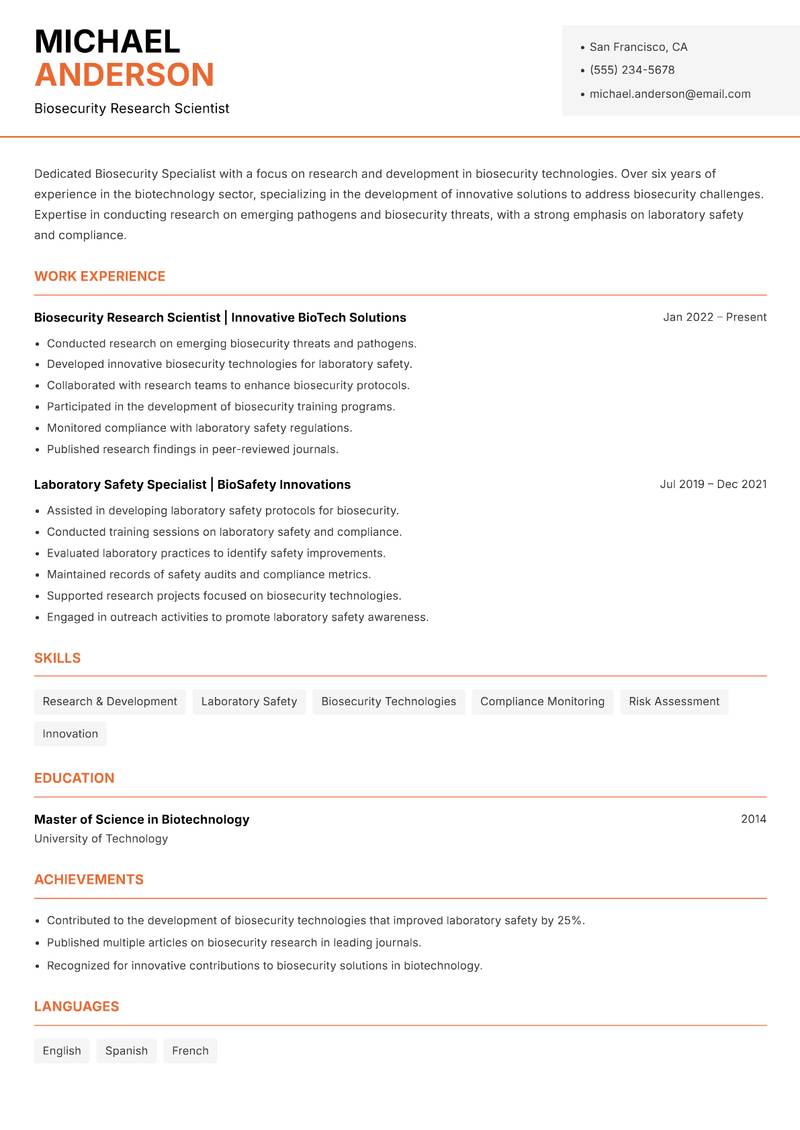 Biosecurity Specialist Resume Template