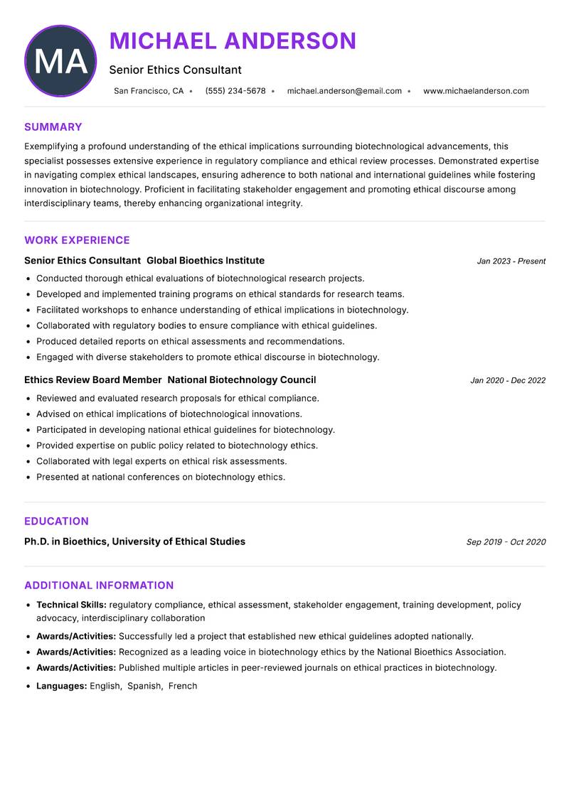 Biotech Ethics Specialist Resume Preview Example