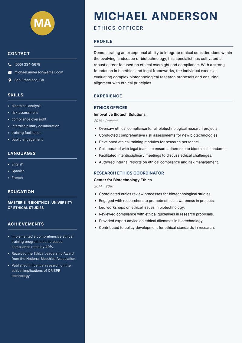 Biotech Ethics Specialist Resume Preview Example
