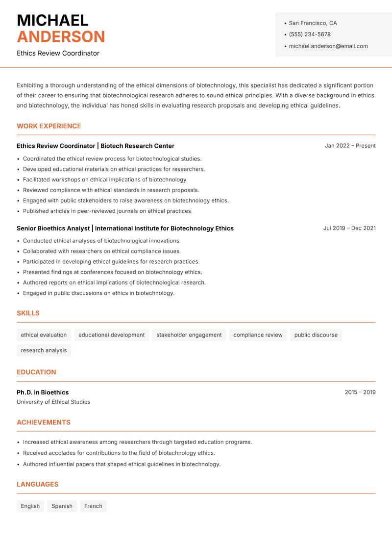 Biotech Ethics Specialist Resume Template