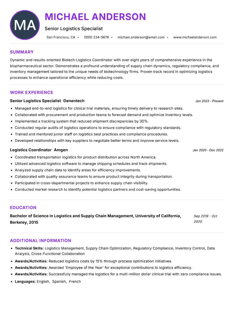 Biotech Logistics Coordinator Resume Preview Example