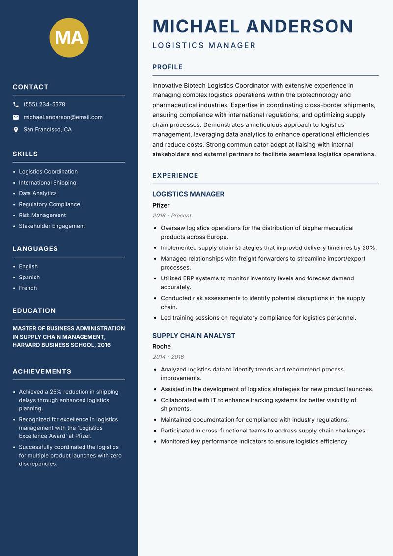 Biotech Logistics Coordinator Resume Preview Example