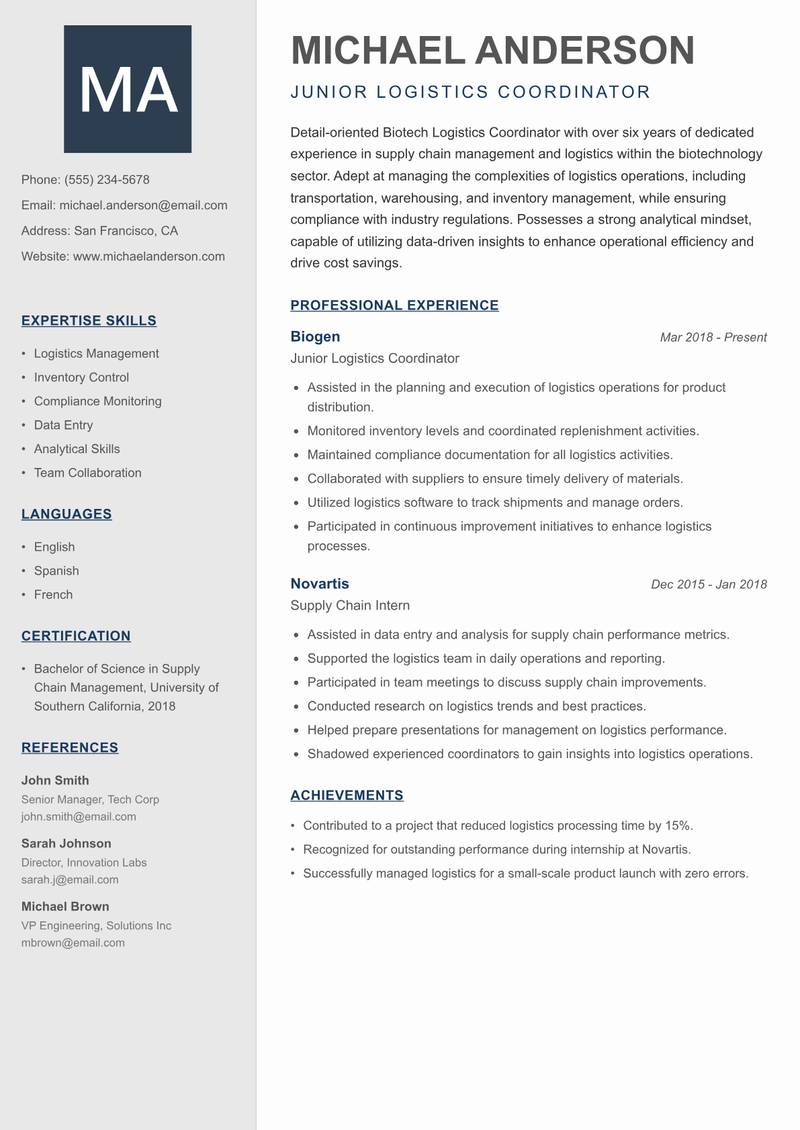 Biotech Logistics Coordinator Resume Preview Example
