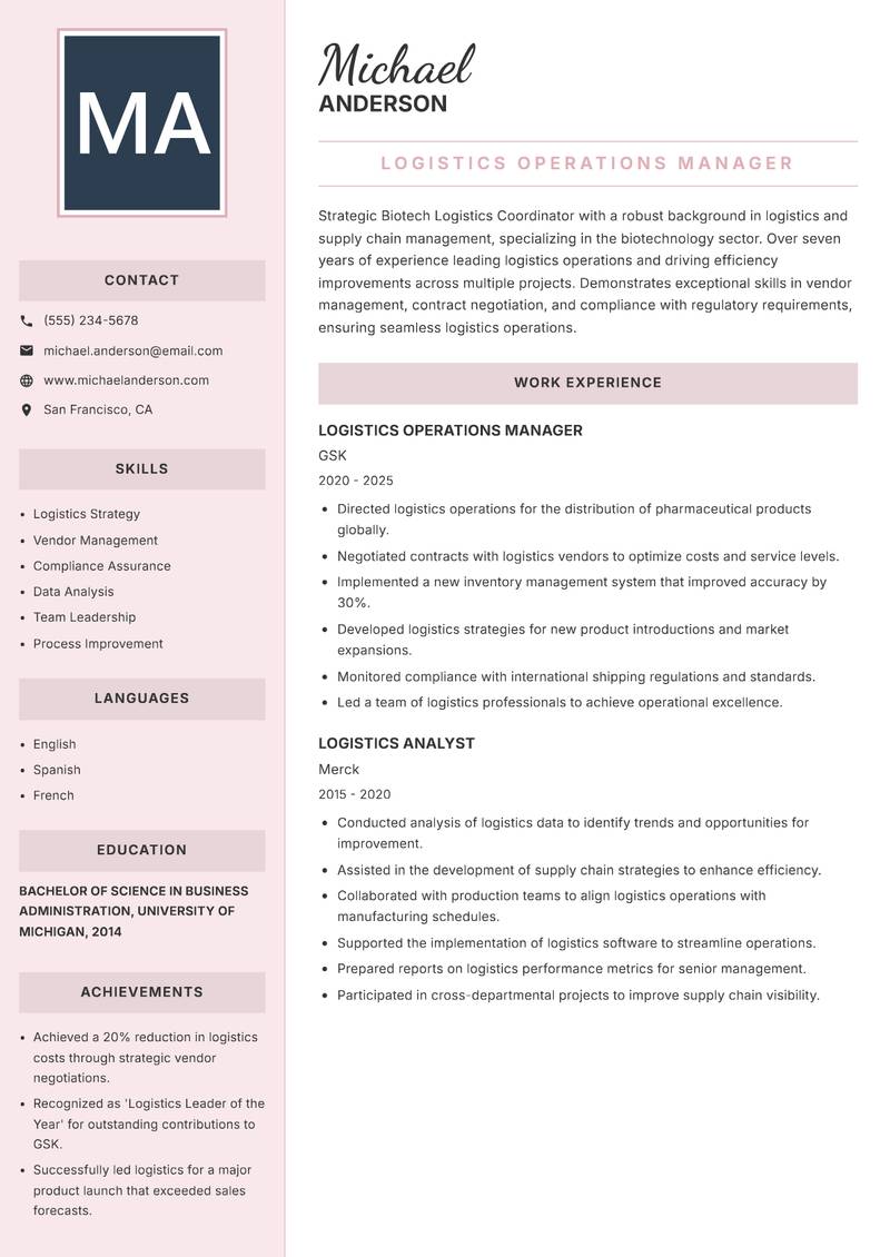 Biotech Logistics Coordinator Resume Preview Example