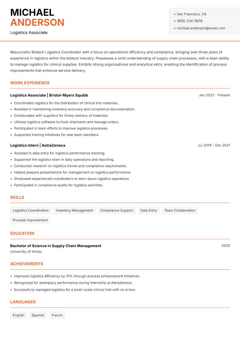 Biotech Logistics Coordinator Resume Template