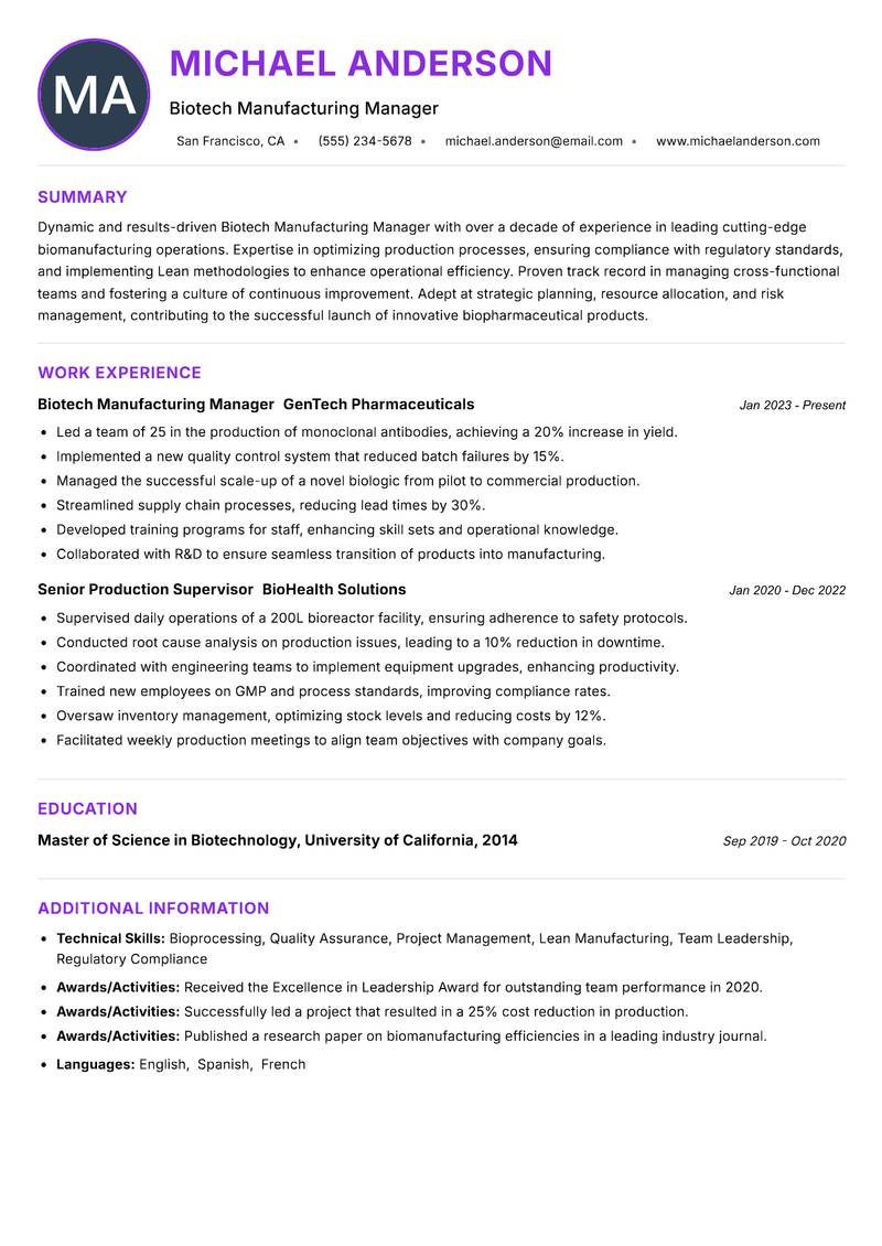 Biotech Manufacturing Manager Resume Preview Example