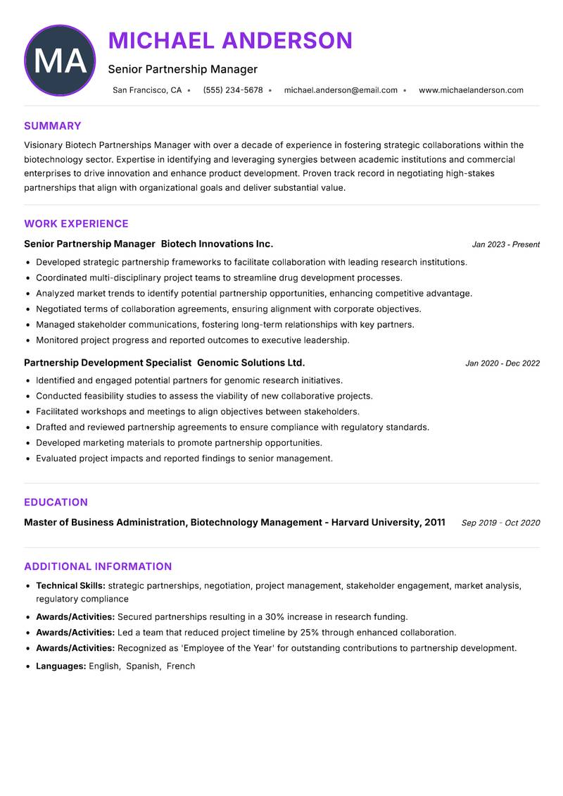 Biotech Partnerships Manager Resume Preview Example