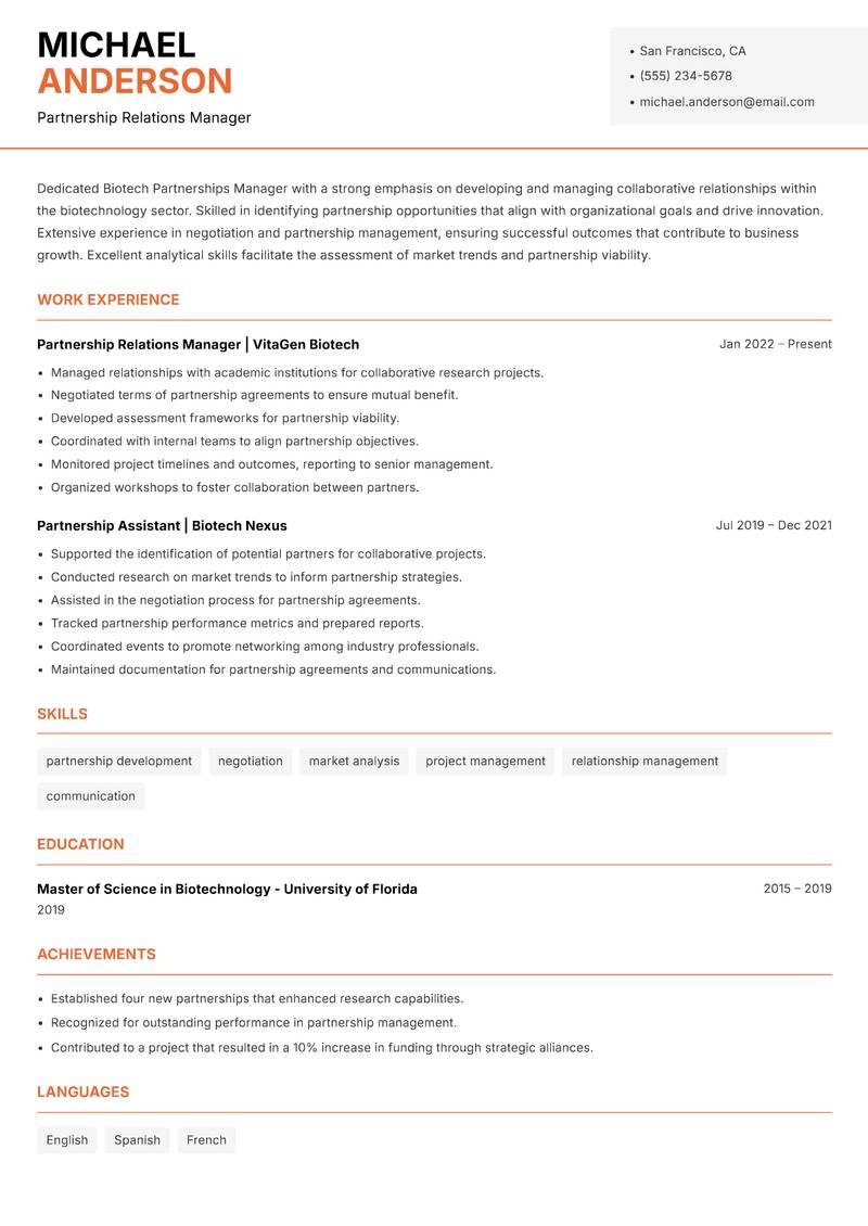 Biotech Partnerships Manager Resume Template