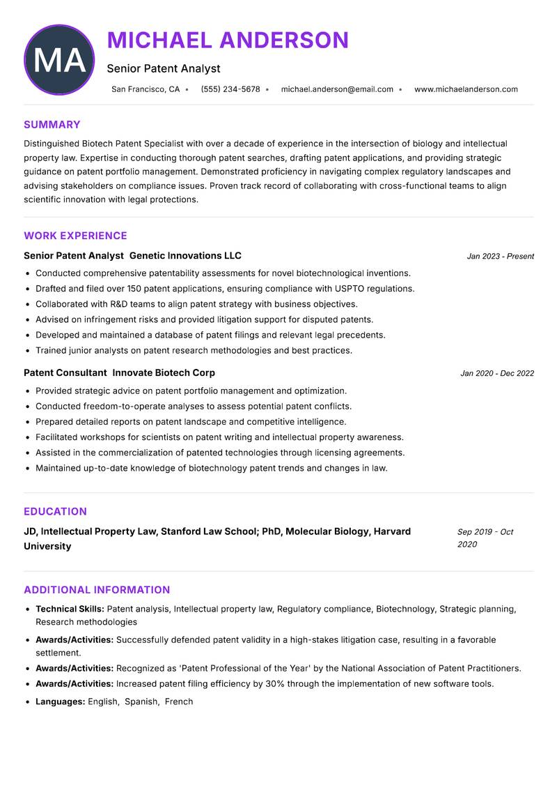 Biotech Patent Specialist Resume Preview Example