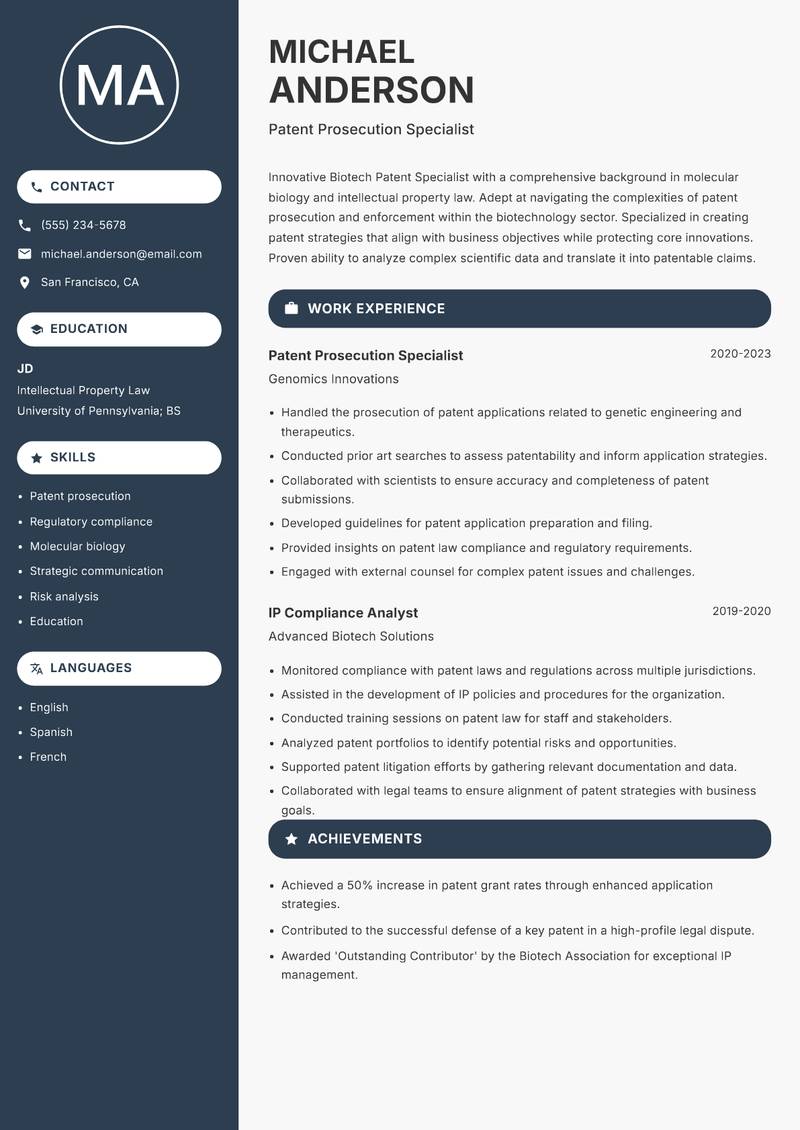 Biotech Patent Specialist Resume Preview Example