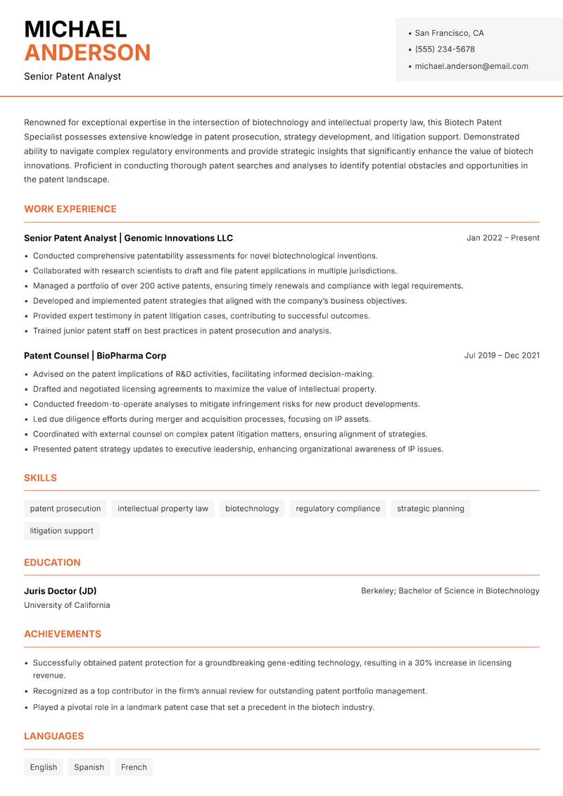 Biotech Patent Specialist Resume Template