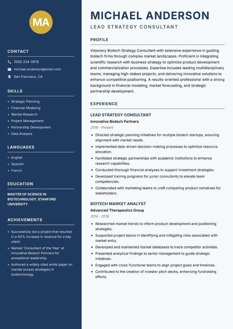 Biotech Strategy Consultant Resume Preview Example