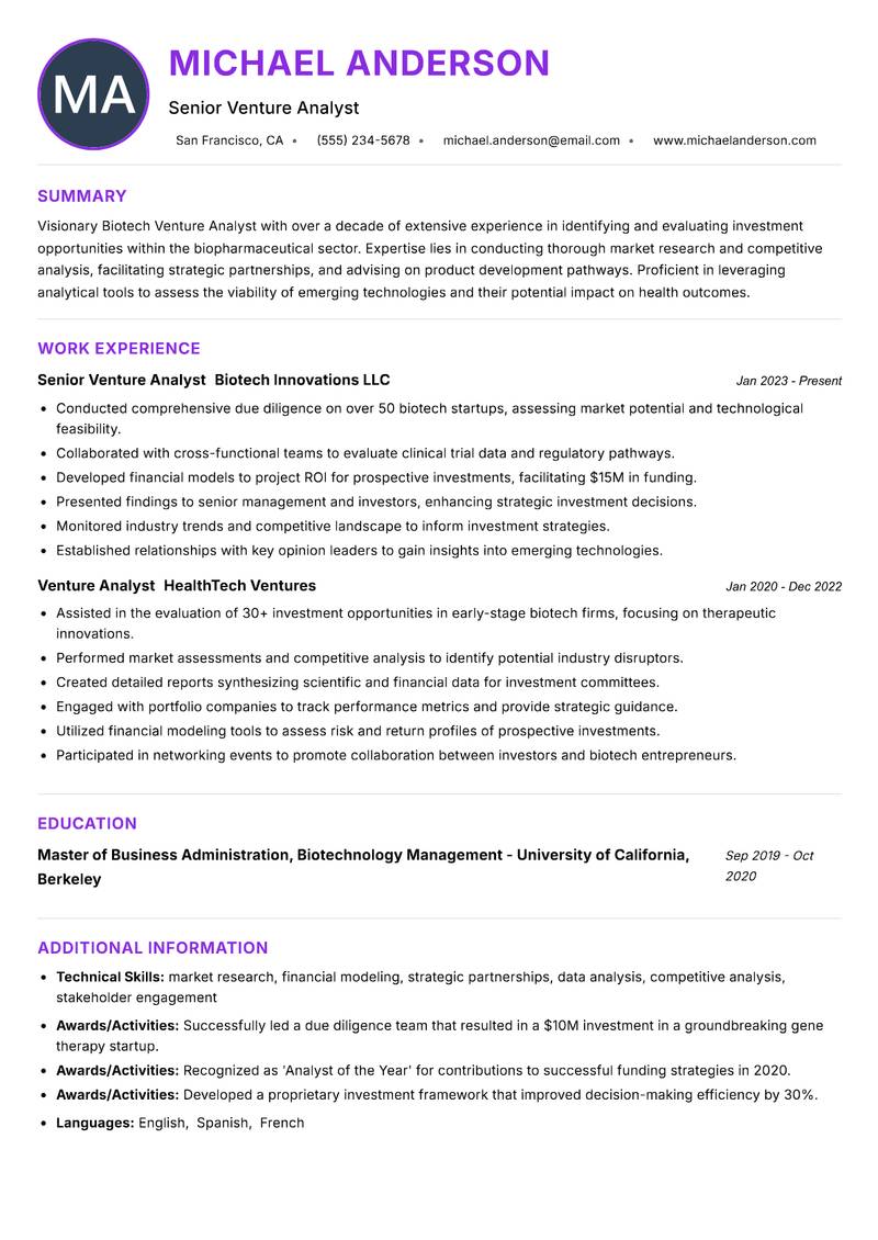 Biotech Venture Analyst Resume Preview Example