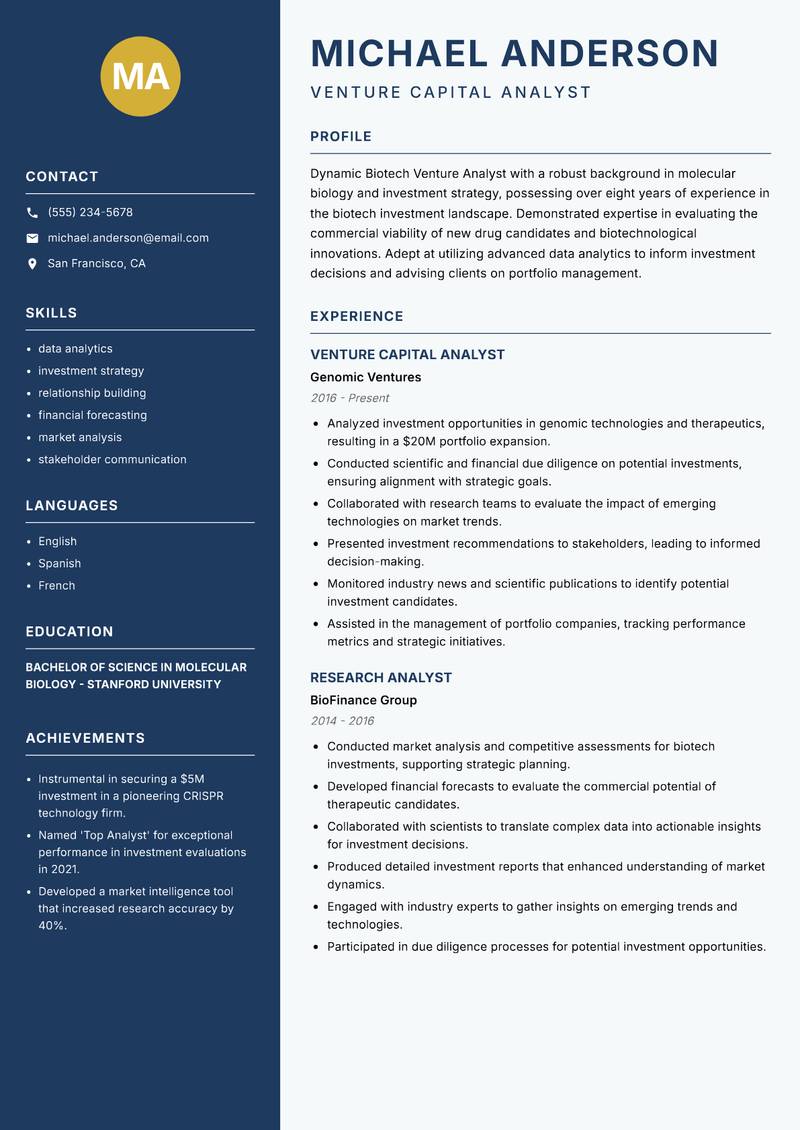 Biotech Venture Analyst Resume Preview Example