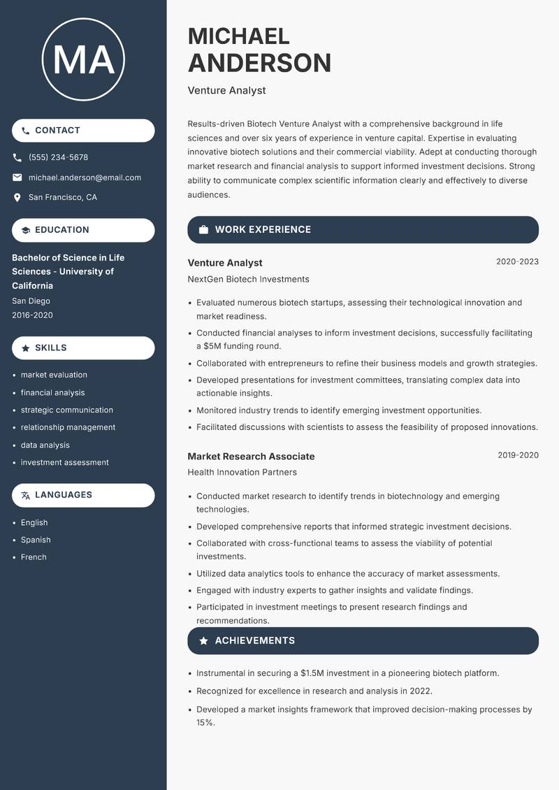 Biotech Venture Analyst Resume Preview Example