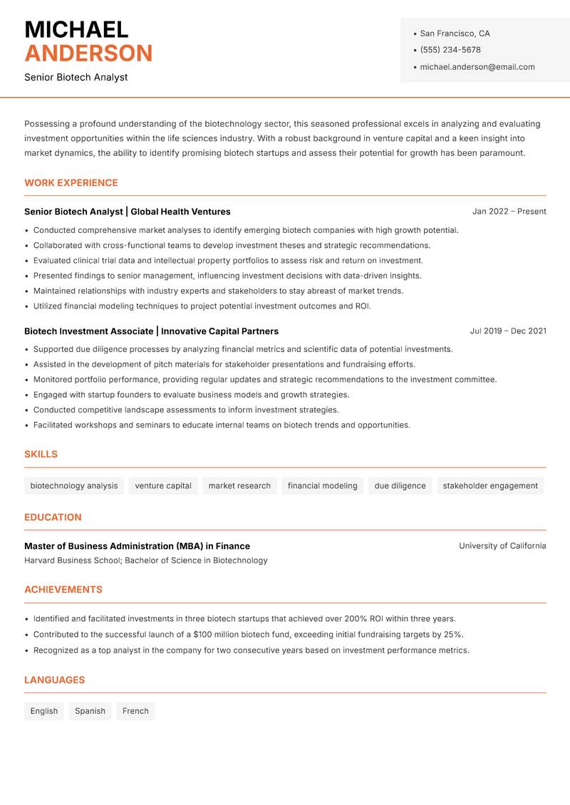 Biotech Venture Analyst Resume Template