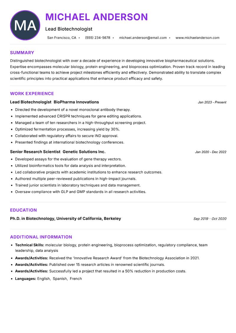 Biotechnologist Resume Preview Example