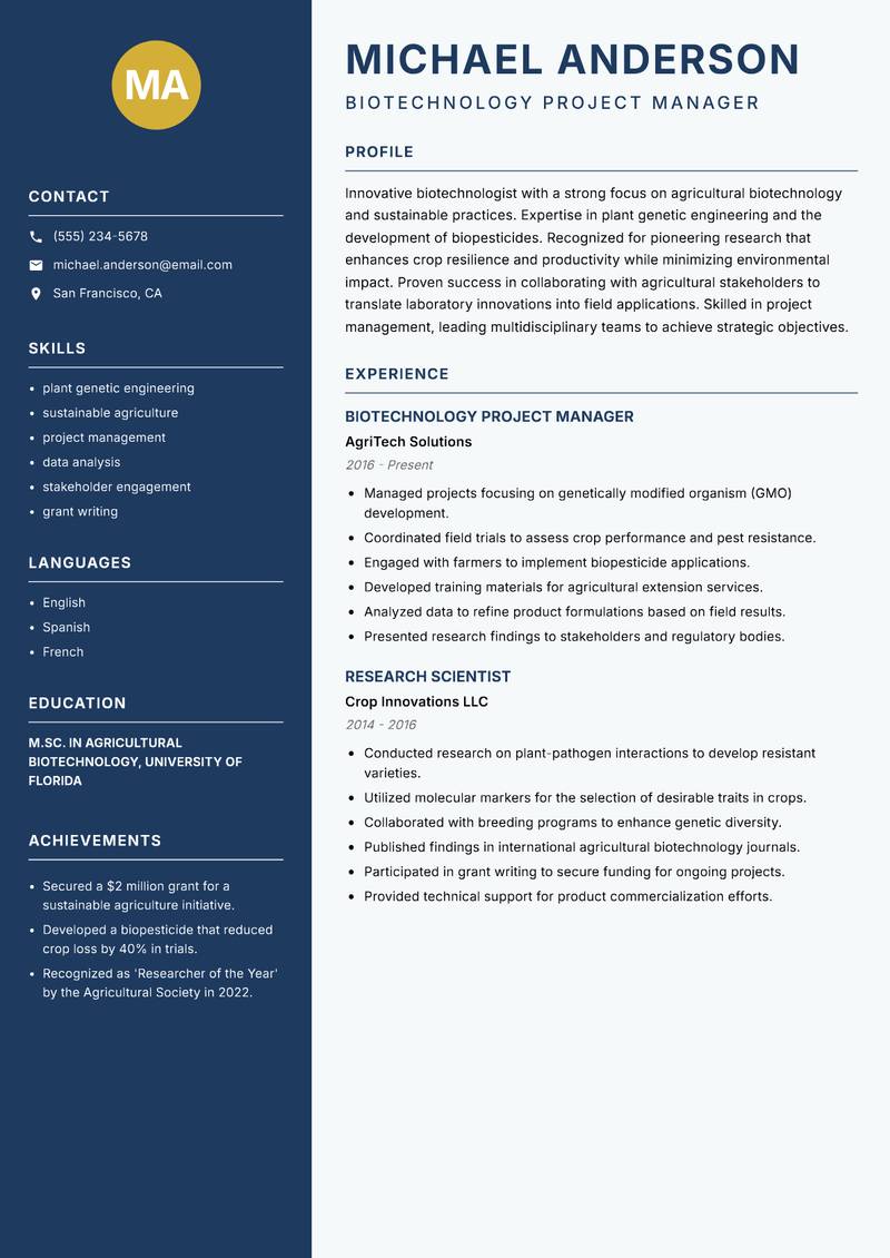 Biotechnologist Resume Preview Example