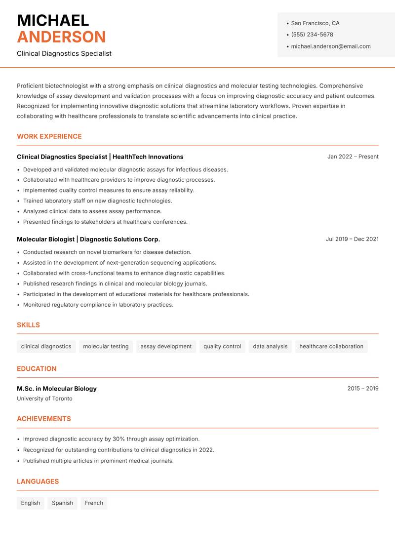 Biotechnologist Resume Template
