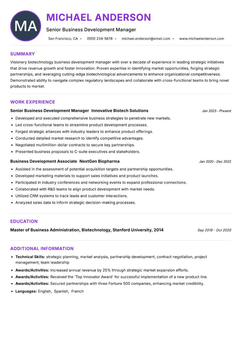 Biotechnology Business Development Manager Resume Preview Example
