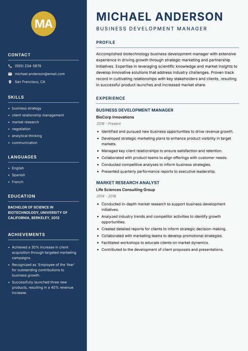 Biotechnology Business Development Manager Resume Preview Example