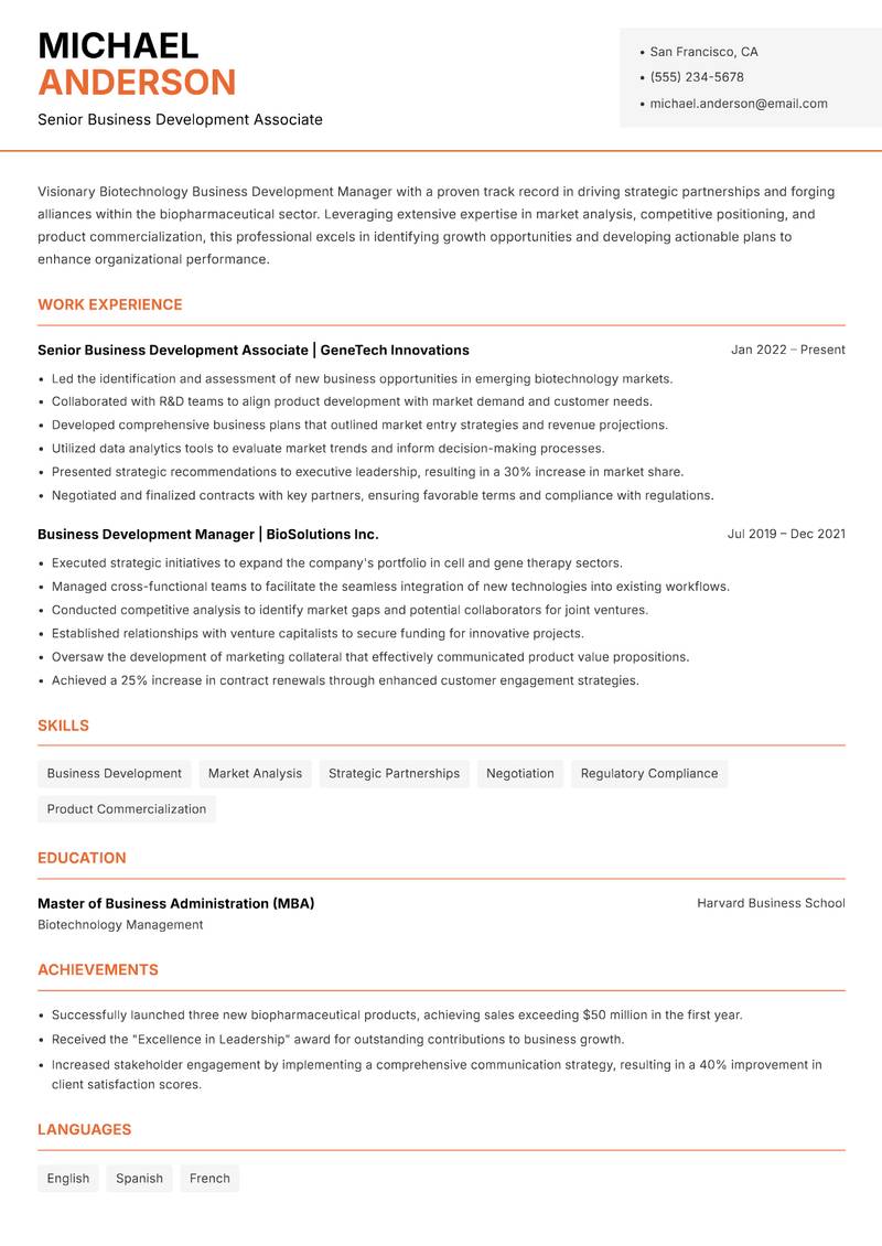 Biotechnology Business Development Manager Resume Template