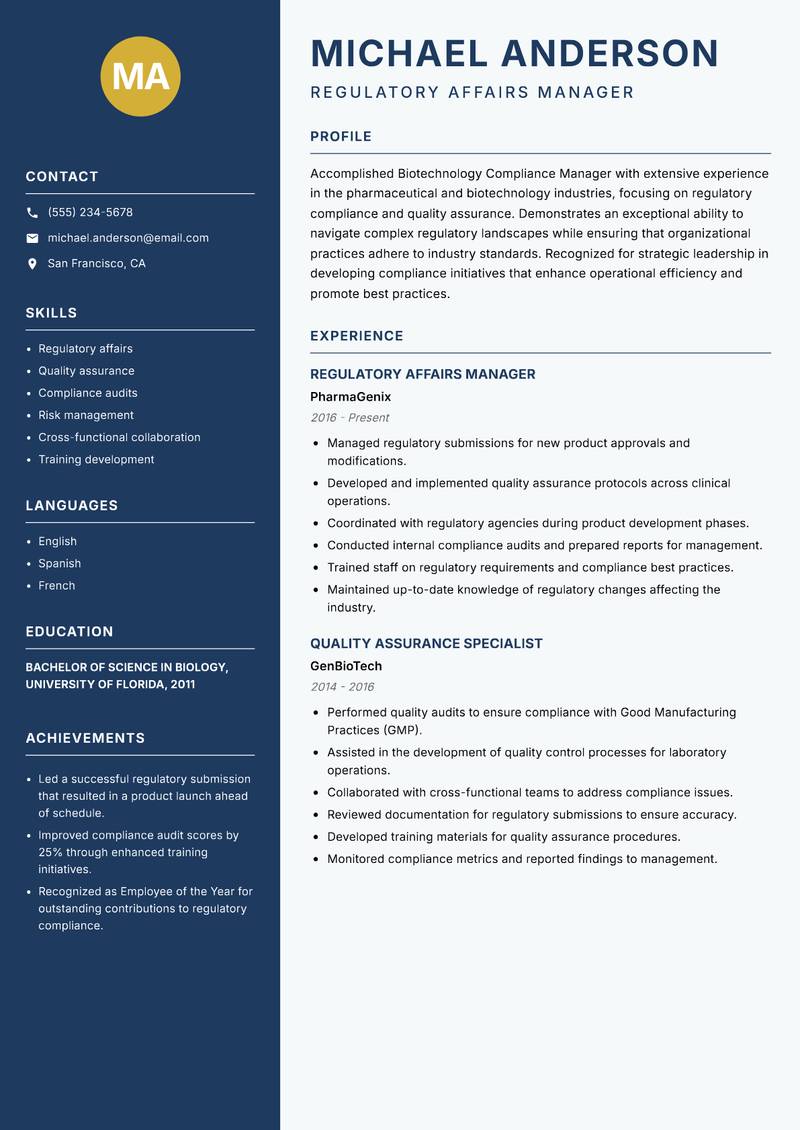 Biotechnology Compliance Manager Resume Preview Example