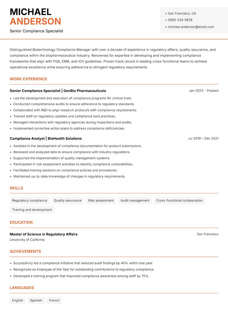 Biotechnology Compliance Manager Resume Template