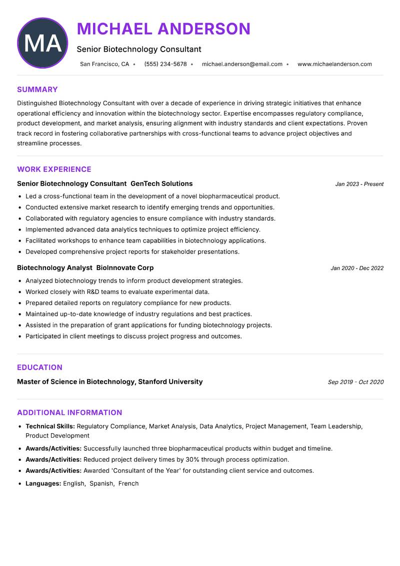 Biotechnology Consultant Resume Preview Example