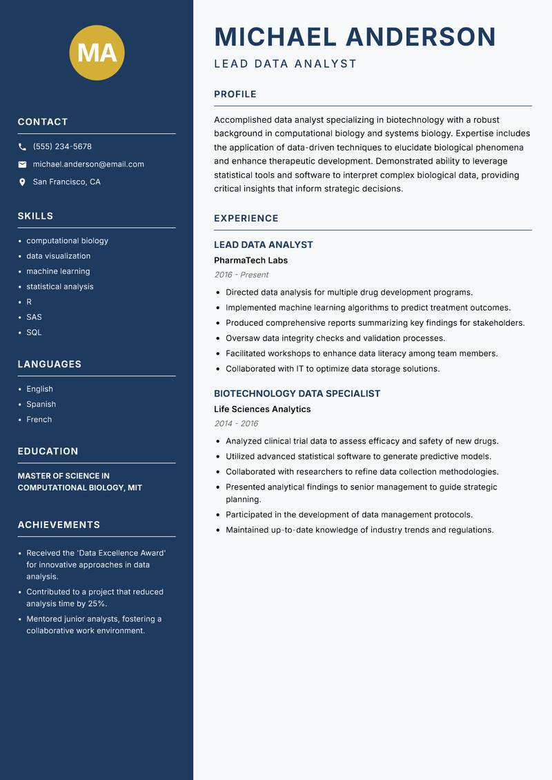 Biotechnology Data Analyst Resume Preview Example