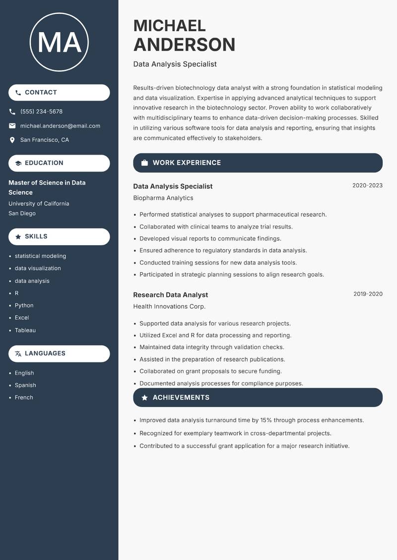 Biotechnology Data Analyst Resume Preview Example