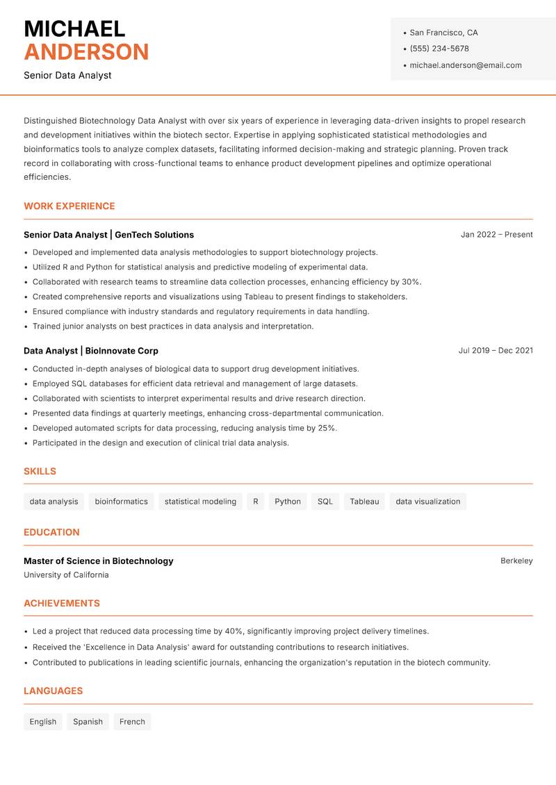 Biotechnology Data Analyst Resume Template
