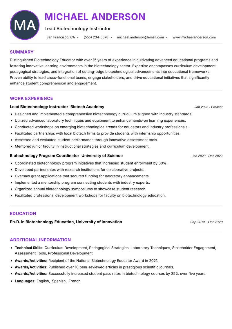 Biotechnology Educator Resume Preview Example