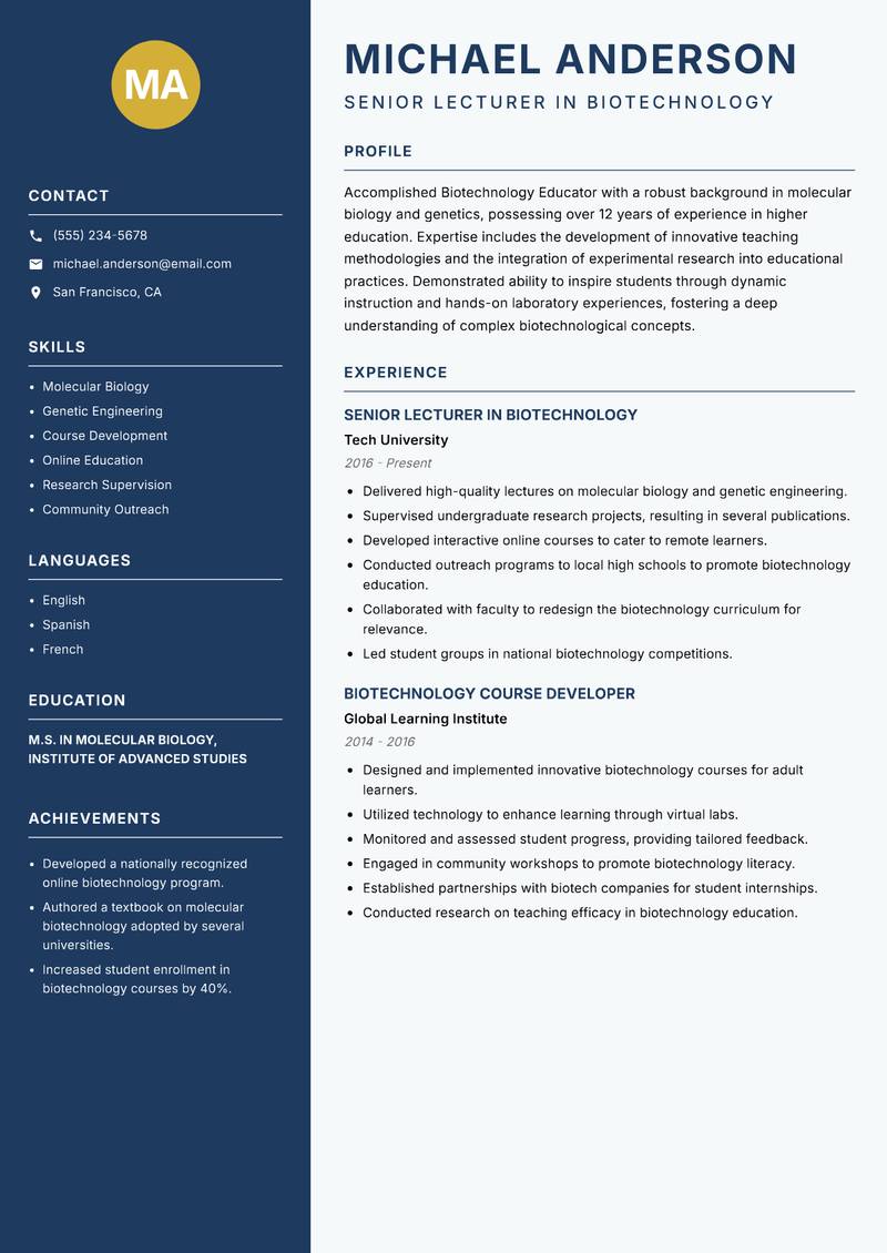 Biotechnology Educator Resume Preview Example