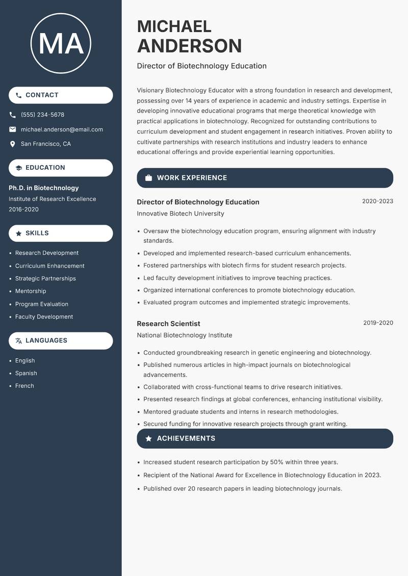 Biotechnology Educator Resume Preview Example