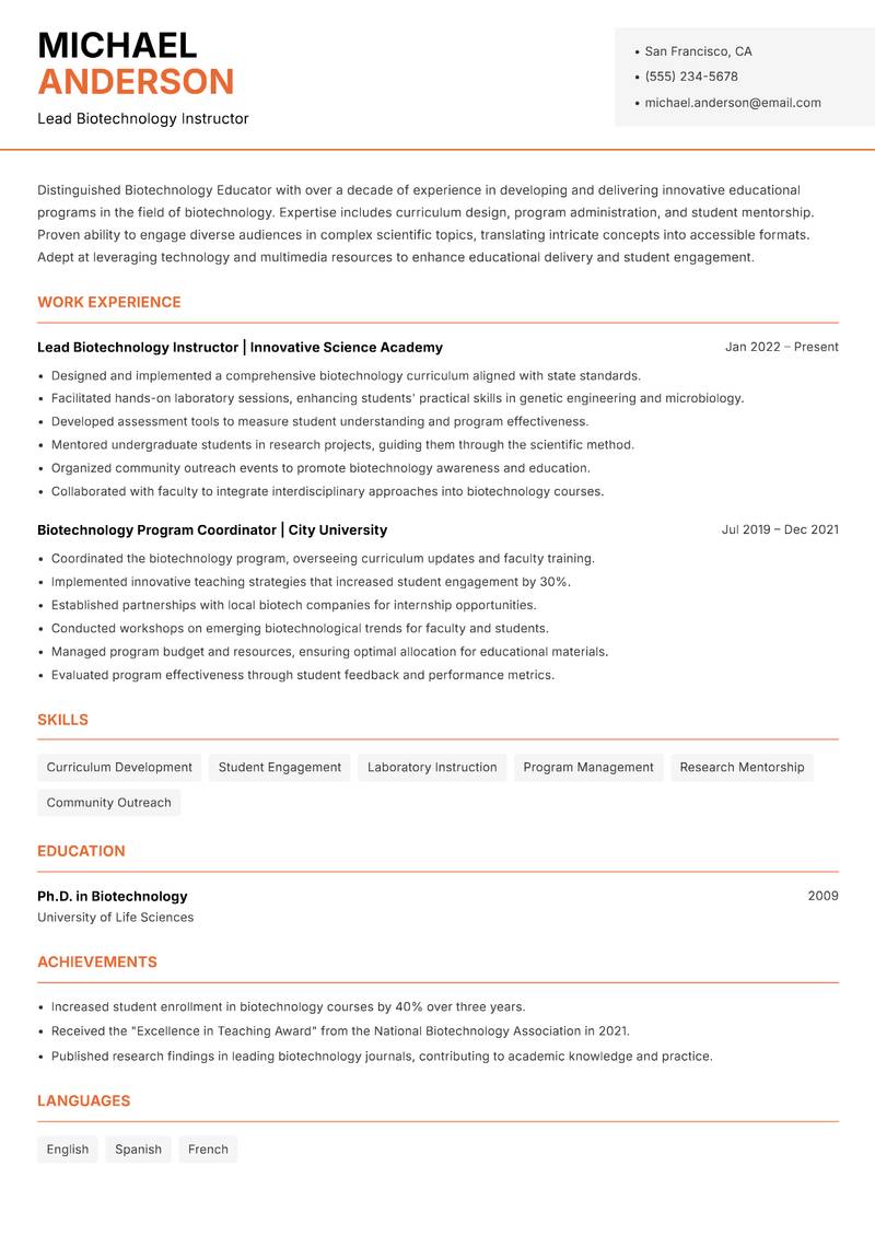 Biotechnology Educator Resume Template