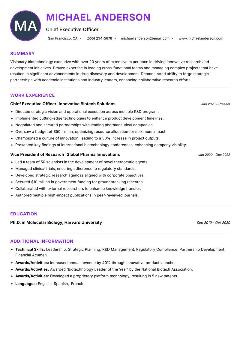 Biotechnology Executive Resume Preview Example