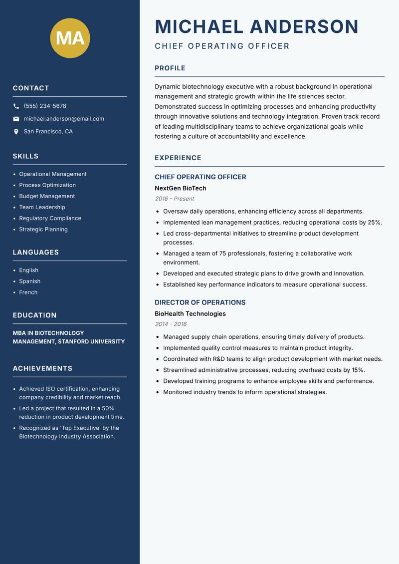 Biotechnology Executive Resume Preview Example
