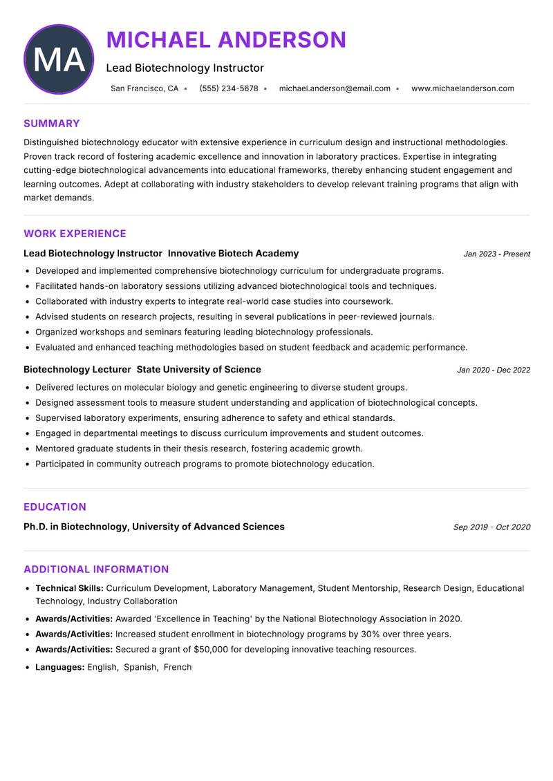 Biotechnology Instructor Resume Preview Example
