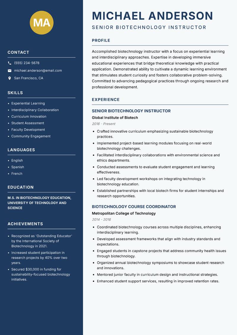 Biotechnology Instructor Resume Preview Example