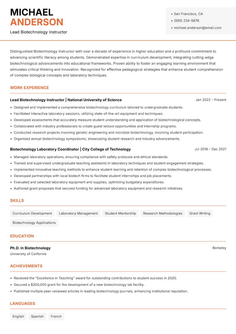 Biotechnology Instructor Resume Template