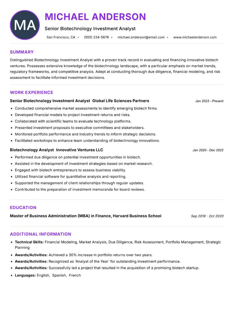 Biotechnology Investment Analyst Resume Preview Example