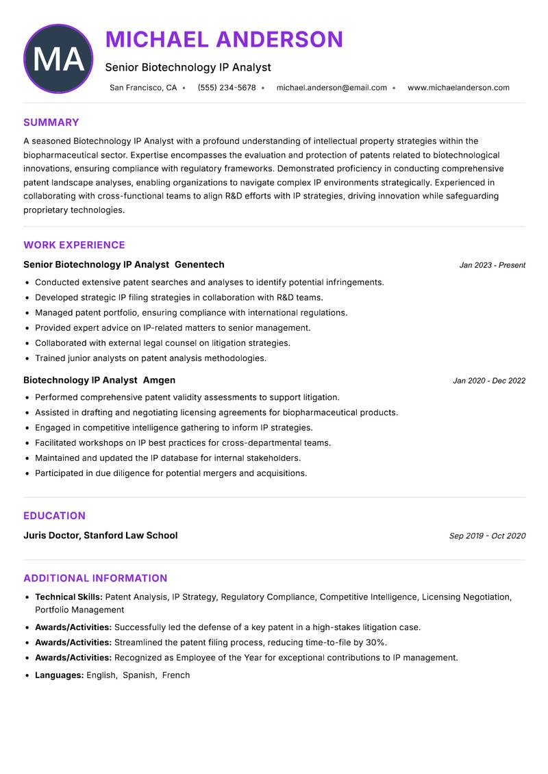 Biotechnology IP Analyst Resume Preview Example