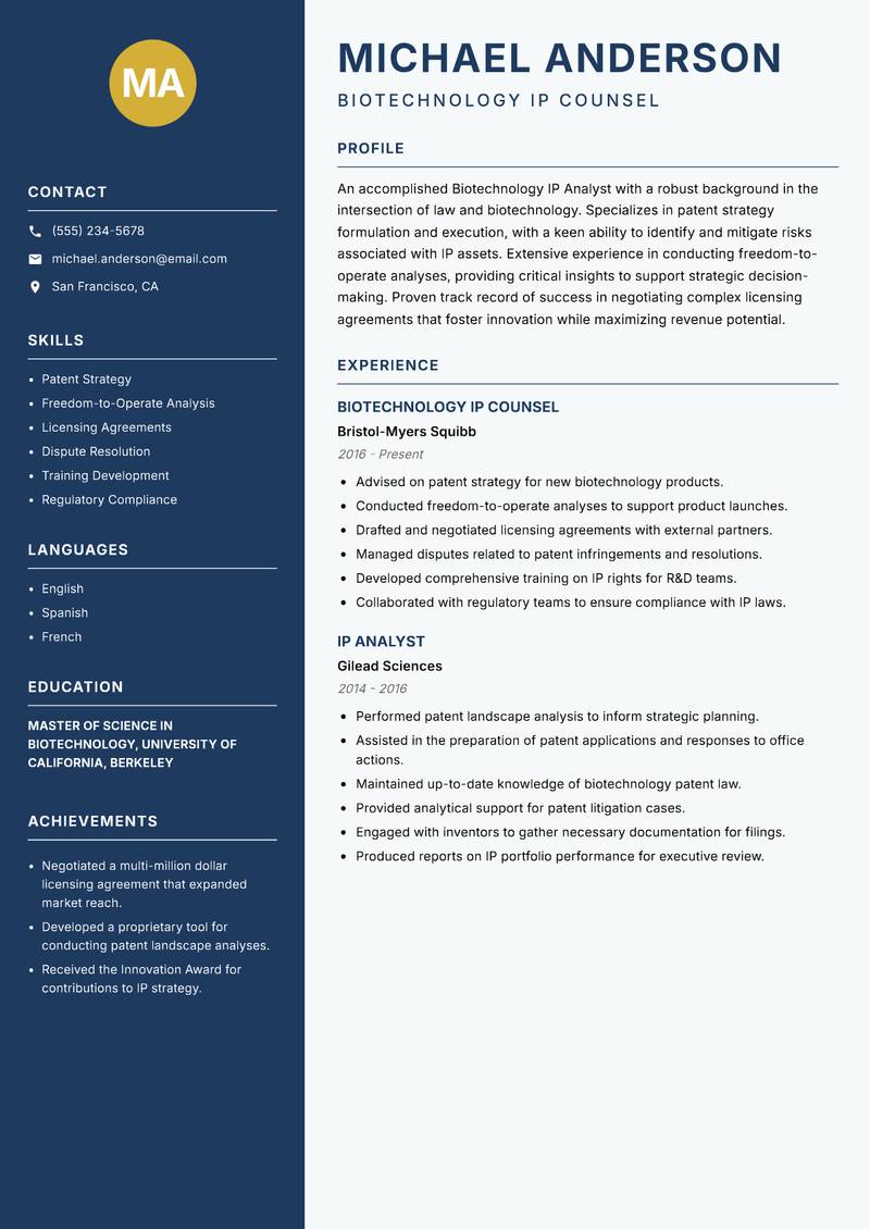 Biotechnology IP Analyst Resume Preview Example
