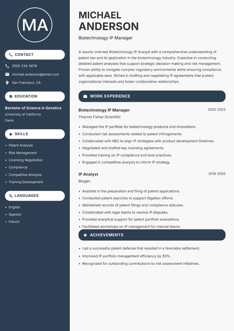 Biotechnology IP Analyst Resume Preview Example
