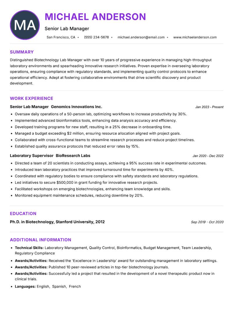 Biotechnology Lab Manager Resume Preview Example